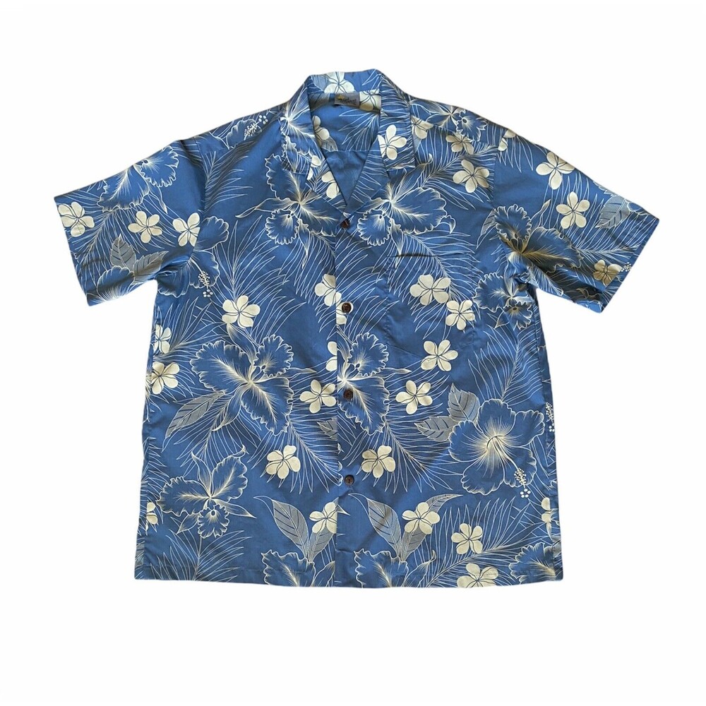 Royal Creations Mens XL Hawaiian Aloha Shirt Blue White Floral Made in Hawaii